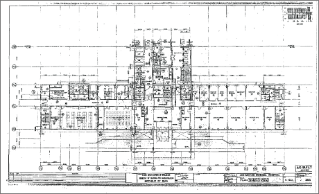 A detailed architectural blueprint showing the floor plan and layout of the Saddam Hussein General Hospital, used for planning the rescue of Jessica Lynch.